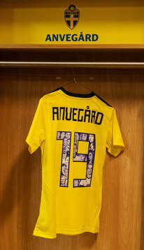 A jersey of Anna Anvegård is seen in team Sweden's locker