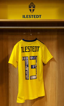 A jersey of Amanda Ilestedt is seen in team Sweden's locker