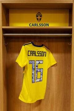 A jersey of Mia Carlsson is seen in team Sweden's locker