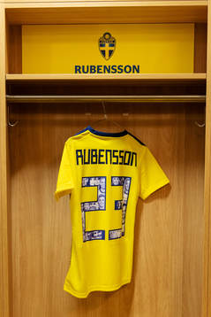 A jersey of Elin Rubensson is seen in team Sweden's locker