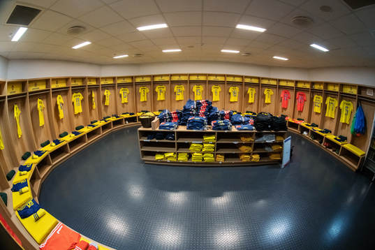 Jerseys of players in team Sweden are seen in their locker