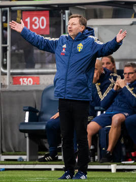 Peter Gerhardsson, head coach of Sweden reacts