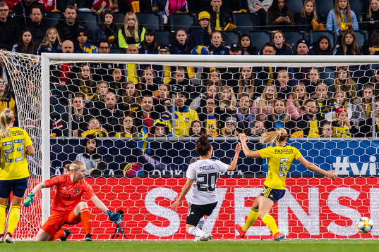Goalkeeper Hedvig Lindahl and Magdalena Eriksson of Sweden