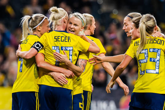 Caroline Seger and Nilla Fischer of Sweden celebrates