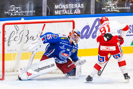 Timrås Filip Hållander och Oskarshamns målvakt