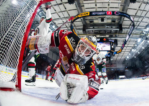 Frölundas Max Friberg jublar och Luleås målvakt Joel