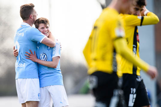 Malmö FFs Jesper Dickman jublar med Markus Rosenberg