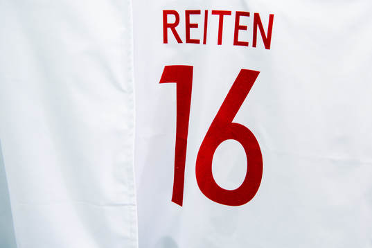 The kit bag of Guro Reiten of Norway in the dressing room