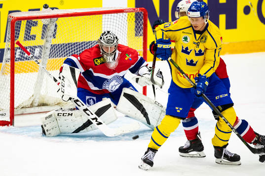 goalkeeper Henrik Haukeland of Norway and Dennis Rasmussen