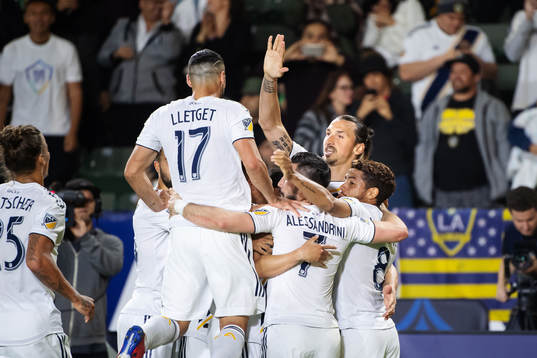Zlatan Ibrahimovic of LA Galaxy celebrates with teammates