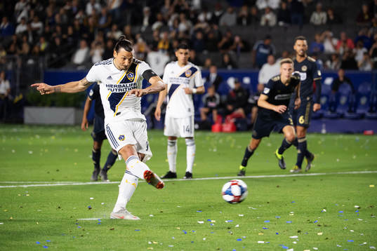 Zlatan Ibrahimovic of LA Galaxy scores 2-0 at a penalty kick