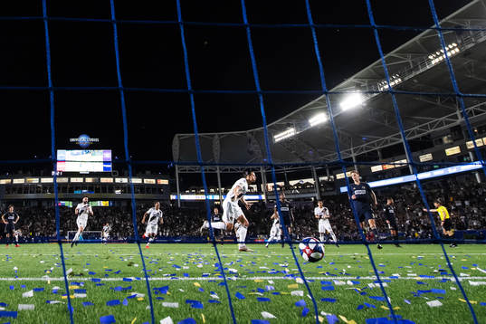 Zlatan Ibrahimovic of LA Galaxy celebrates with teammates