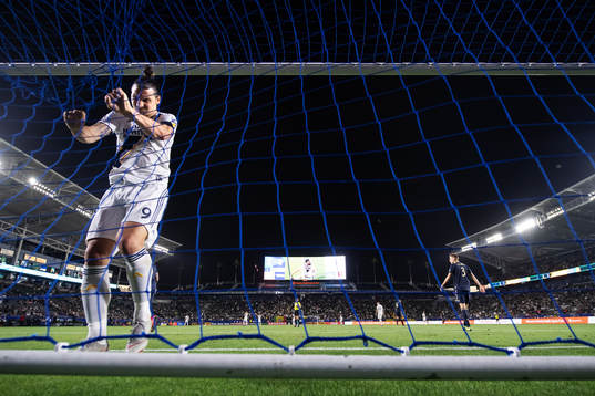 Zlatan Ibrahimovic of LA Galaxy rips the net of a goal