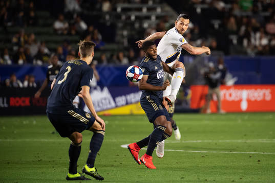 Zlatan Ibrahimovic of LA Galaxy in action against Jamiro