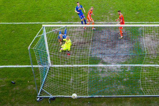 Peter Orry Larsen of Aalesund scores the 0-1 goal behind