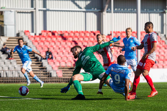 Kachi of Sandnes Ulf scores a disallowed goal behind
