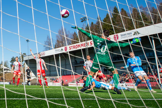 Sanel Kapidzic of Sandnes Ulf scores a disallowed goal