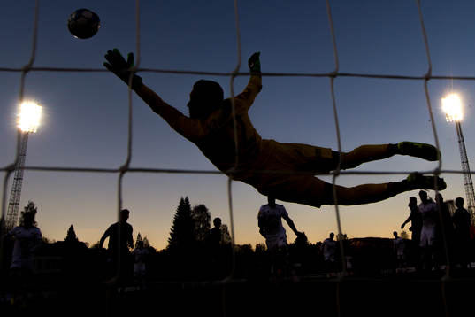 The silhouette of goalkeeper Marcus Sandberg of Stabæk