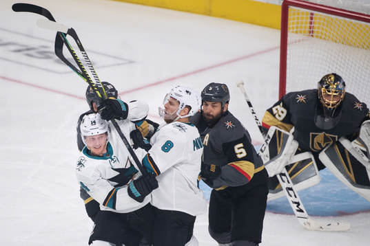 Gustav Nyquist and Joe Pavelski of San Jose Sharks