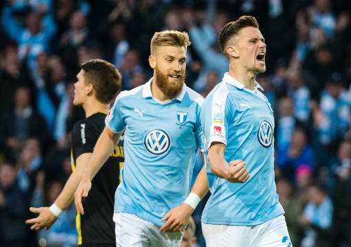 Malmö FFs Marcus Antonsson jublar med Rasmus Bengtsson