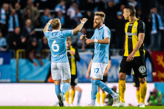 Malmö FFs Oscar Lewicki och Rasmus Bengtsson jublar