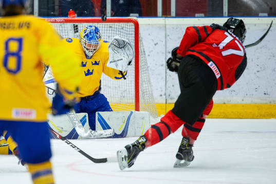 Hugo Alnefelt of Sweden saving a shot from Dylan Cozens of