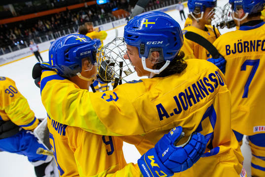 Ludvig Hedström and Albert Johansson of Sweden celebrate