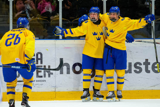 Alexander Holtz Alex Brännstam of Sweden celebrate