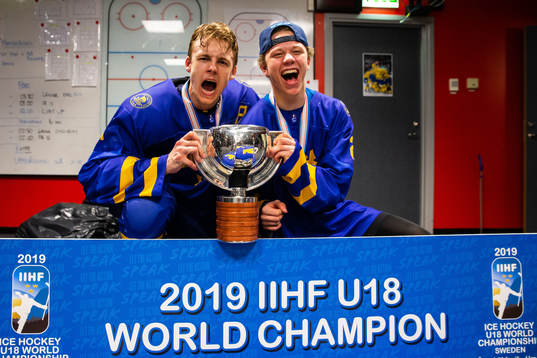 Philip Broberg and Lucas Raymond of Sweden celebrates with