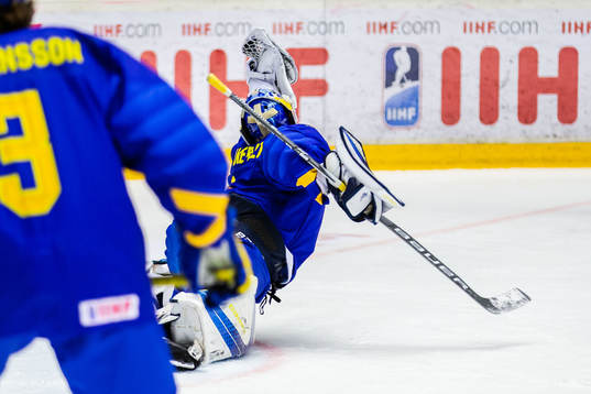 Goalkeeper Hugo Alnefelt of Sweden with a save