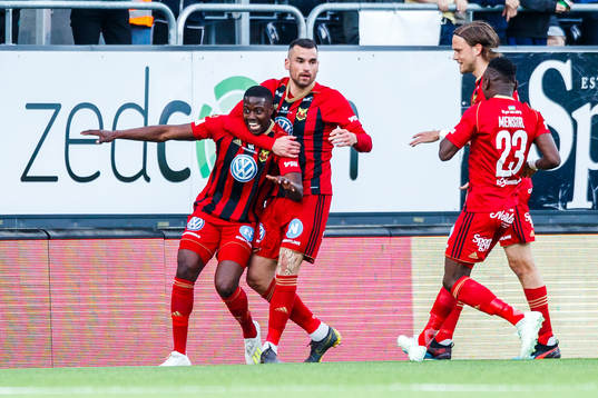 Östersunds Isak Ssali Ssewankambo och Dino Islamovic jublar