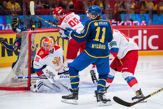 Joakim Nygård of Sweden scores 1-0 behond goalkeeper