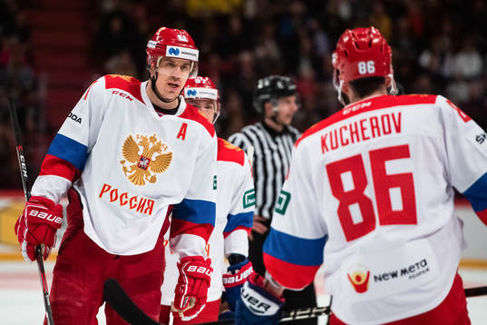 Yevgeni Malkin and Nikita Kucherov of Russia