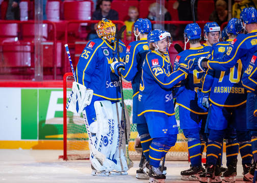 Goaltender Jacob Markström of Sweden celebrates