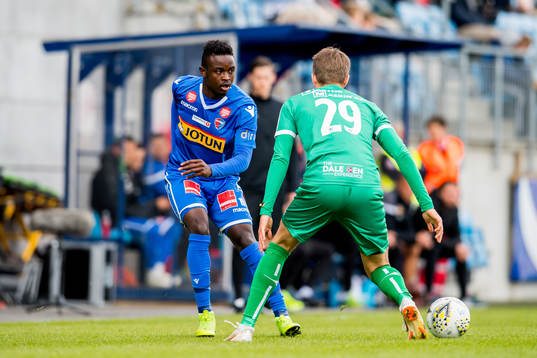 Brice Wembangomo of Sandefjord and Kristoffer Nesse
