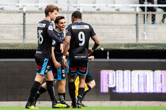 Simón Colina of Sandnes Ulf celebrates with teammates