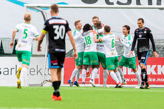 Steffen Skogvang Pedersen of HamKam celebrates with hos