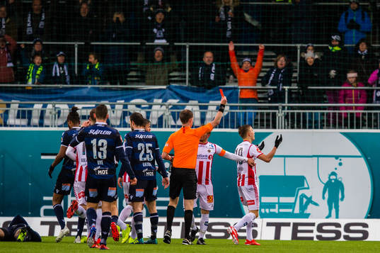 Marcus Holmgren Pedersen of Tromsø gets a red card