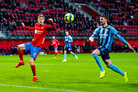 Helsingborgs Andri Bjarnason och Djurgårdens Erik Berg