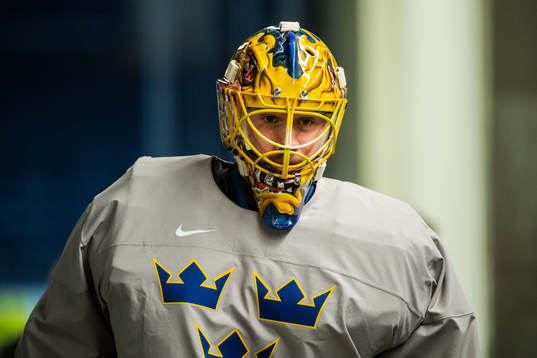 Goaltender Jacob Markström of Sweden at a practice session