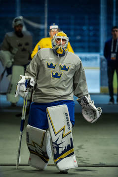 Goaltender Henrik Lundqvist of Sweden at a practice session