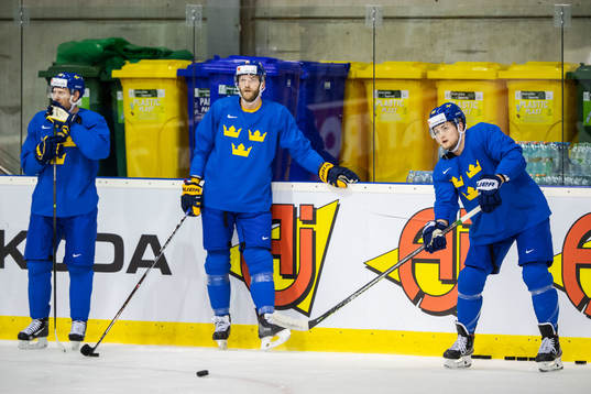 Mattias Ekholm and William Nylander of Sweden at a practice