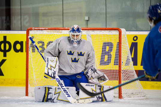 Goaltender Henrik Lundqvist of Sweden at a practice session