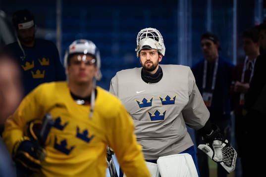 Goaltender Jhonas Enroth of Sweden at a practice session