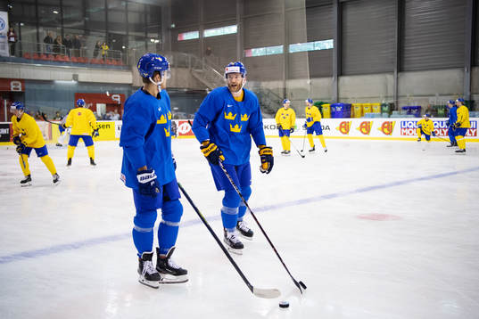 William Nylander and Mattias Ekholm of Sweden at a practice