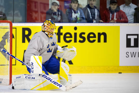 Goaltender Jacob Markström of Sweden at a practice session