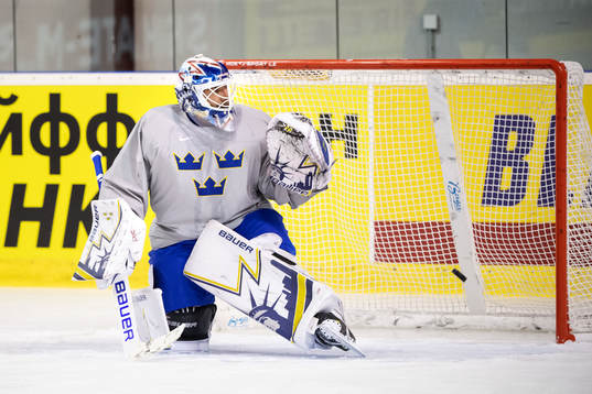 Goaltender Henrik Lundqvist of Sweden at a practice session