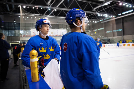Elias Pettersson and William Nylander of Sweden at a