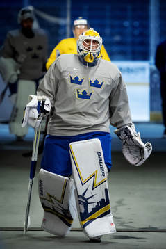Goaltender Henrik Lundqvist of Sweden at a practice session