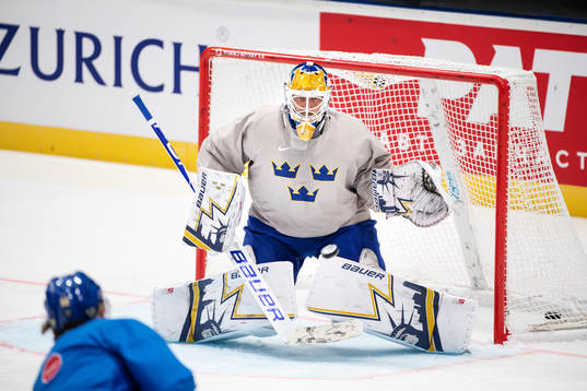 Goaltender Henrik Lundqvist of Sweden at a practice session